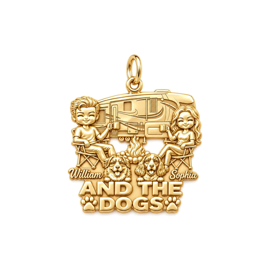 Cozy Campfire Caravan Charm Bracelet – Personalized Couple Gift – 18K gold plated 3 cm charm, front view