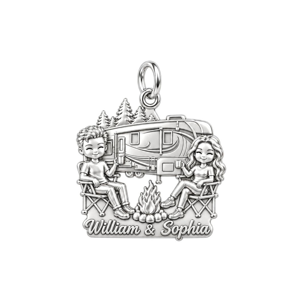 Cozy Campfire Retreat Charm Bracelet – Personalized Couple Gift – silver plated 3 cm charm, front view