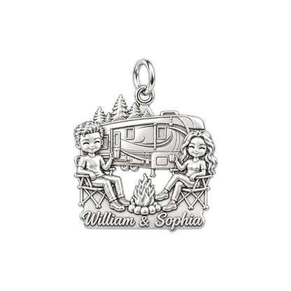 Cozy Campfire Retreat Charm Bracelet – Personalized Couple Gift – silver plated 3 cm charm, front view