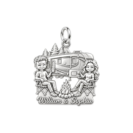 Cozy Campfire Retreat Charm Bracelet – Personalized Couple Gift – silver plated 2 cm charm, front view
