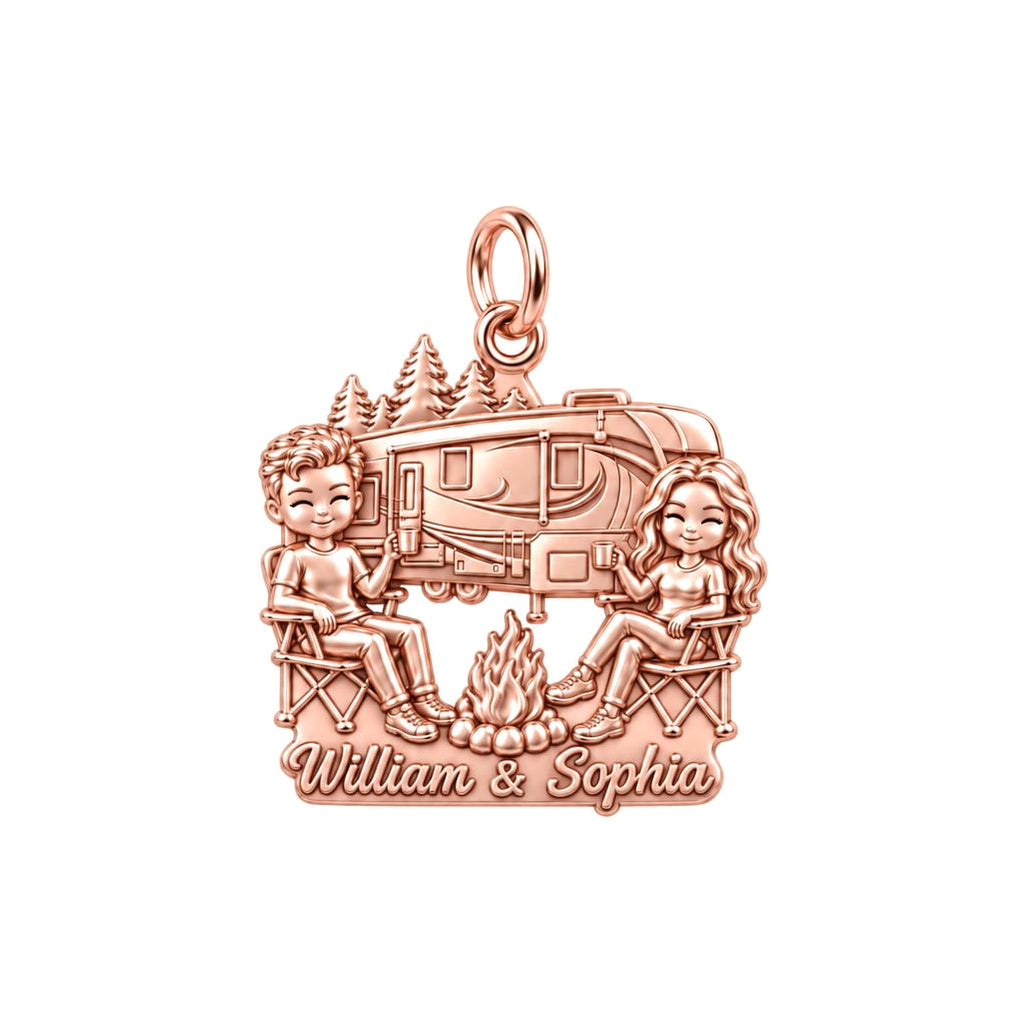 Cozy Campfire Retreat Charm Bracelet – Personalized Couple Gift – rose gold 3 cm charm, front view