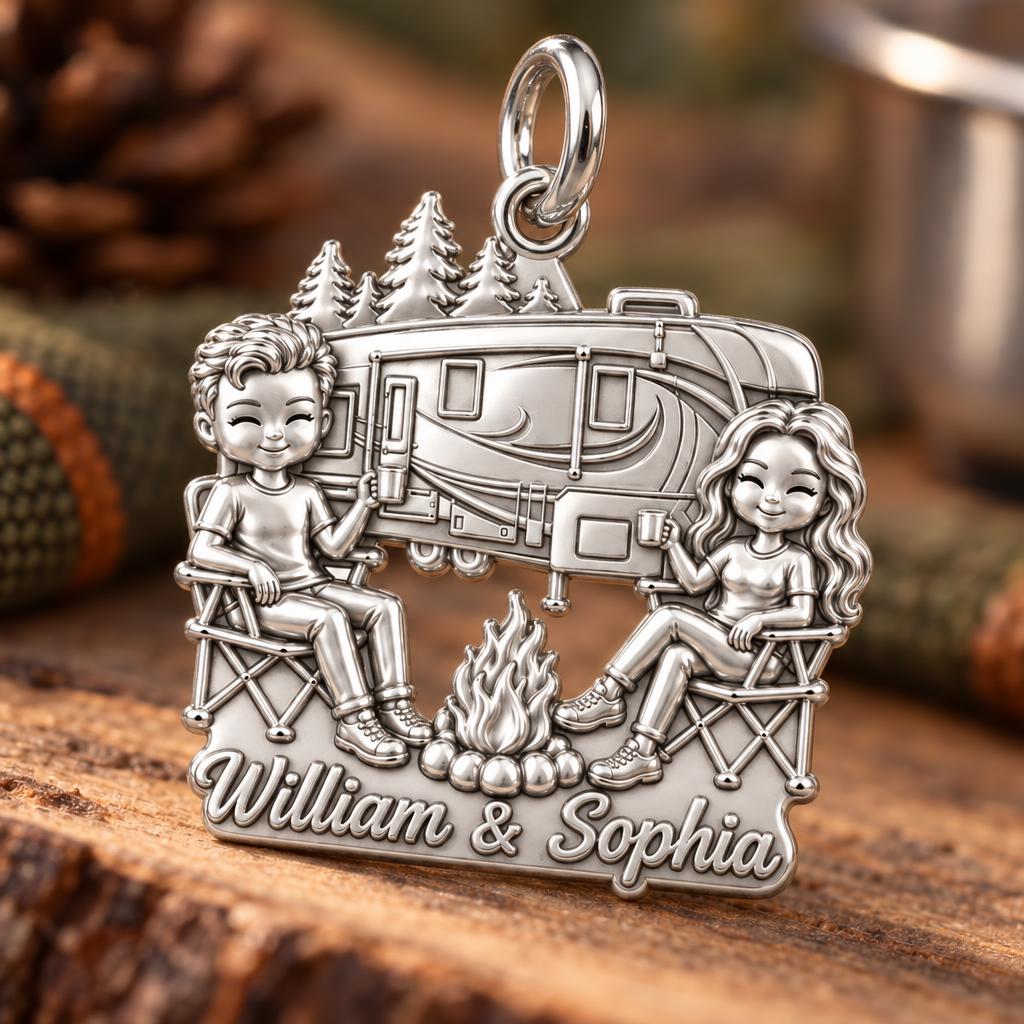 Cozy Campfire Retreat Charm Bracelet – Personalized Couple Gift – macro detail of the charm