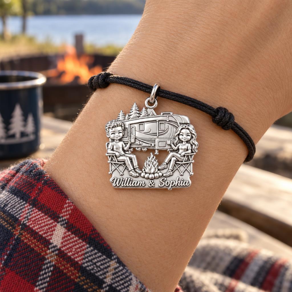 Cozy Campfire Retreat Charm Bracelet – Personalized Couple Gift – worn on the wrist on a black cord bracelet