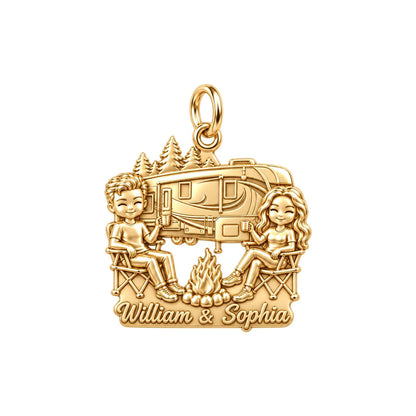 Cozy Campfire Retreat Charm Bracelet – Personalized Couple Gift – 18K gold plated 3 cm charm, front view