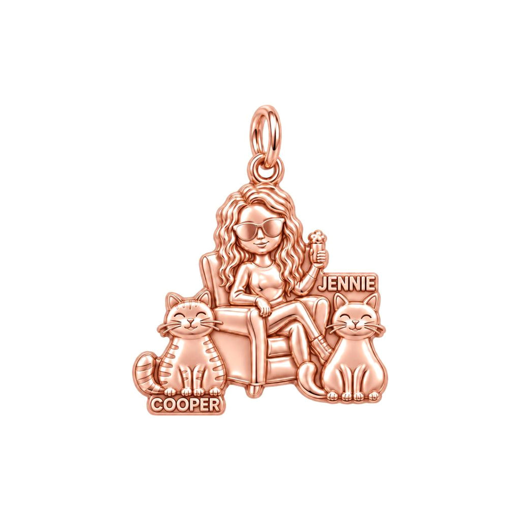Cozy Cat Mama Lounge Charm Bracelet – Personalized Cat Mom Gift – rose gold 3 cm charm, front view