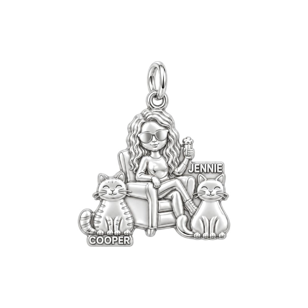 Cozy Cat Mama Lounge Charm Bracelet – Personalized Cat Mom Gift – silver plated 3 cm charm, front view