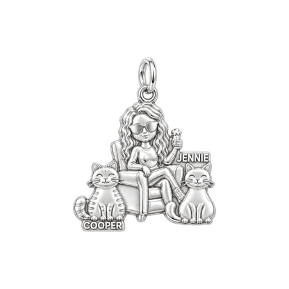 Cozy Cat Mama Lounge Charm Bracelet – Personalized Cat Mom Gift – silver plated 3 cm charm, front view