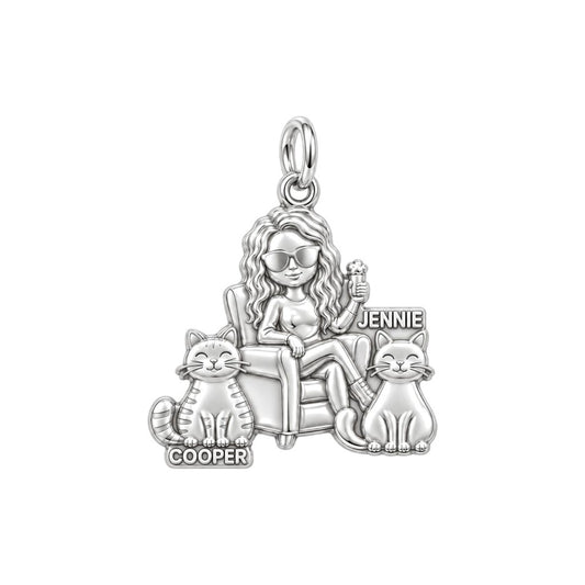 Cozy Cat Mama Lounge Charm Bracelet – Personalized Cat Mom Gift – silver plated 3 cm charm, front view