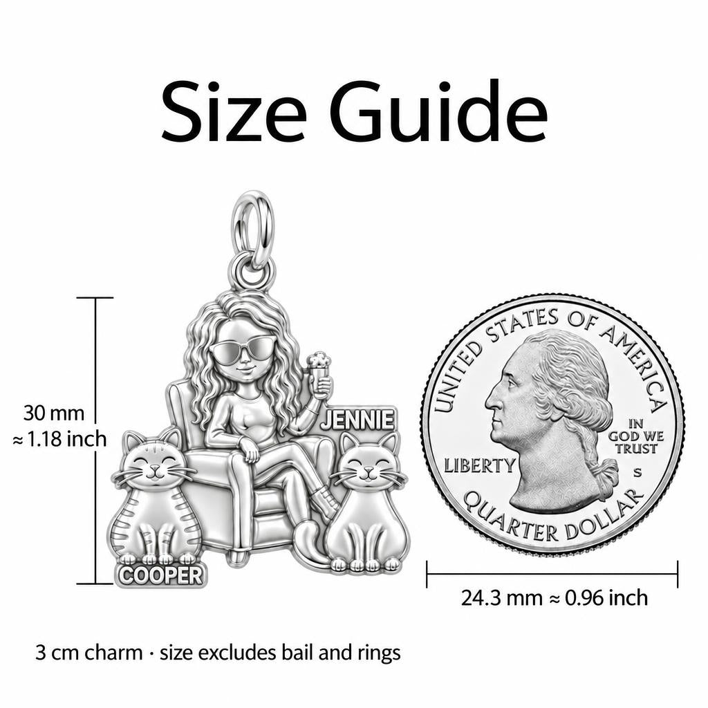 Cozy Cat Mama Lounge Charm Bracelet – Personalized Cat Mom Gift – size guide, 3 cm charm next to a quarter