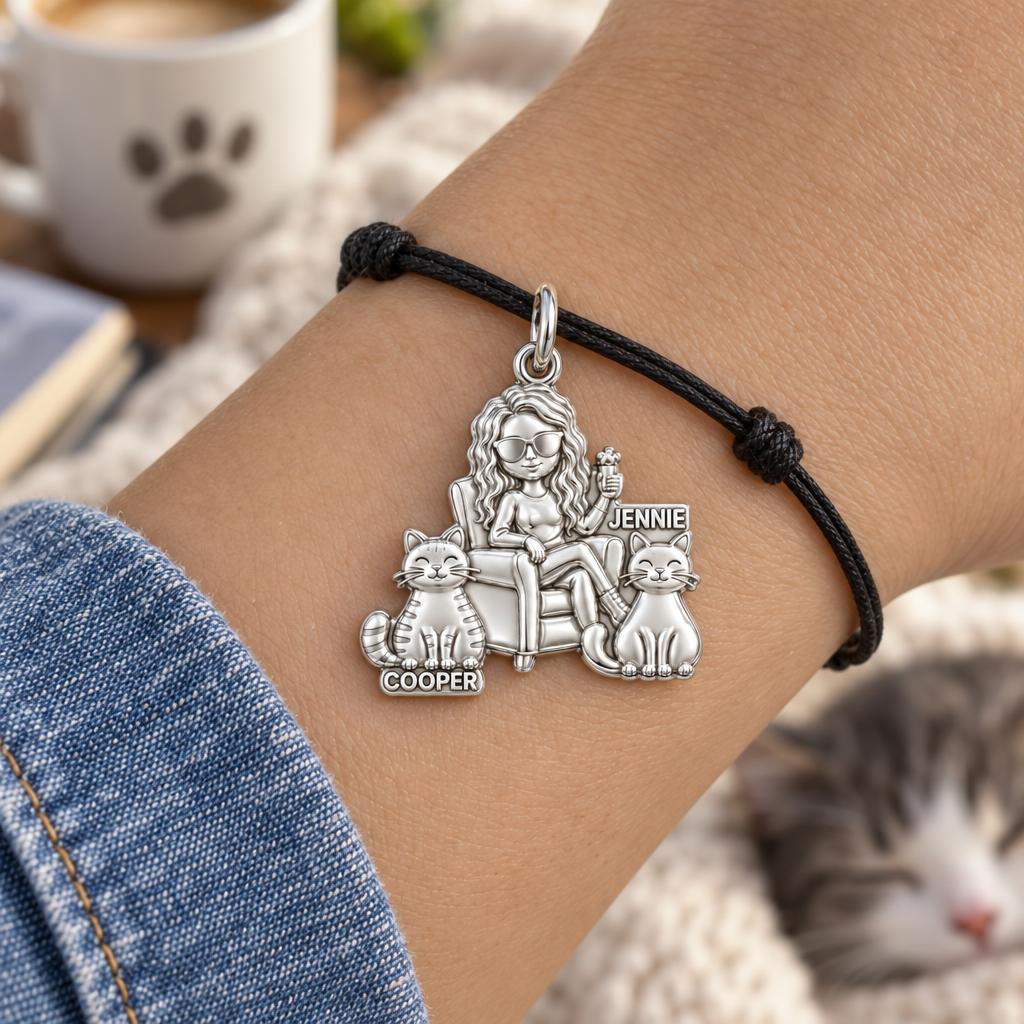 Cozy Cat Mama Lounge Charm Bracelet – Personalized Cat Mom Gift – worn on the wrist on a black cord bracelet
