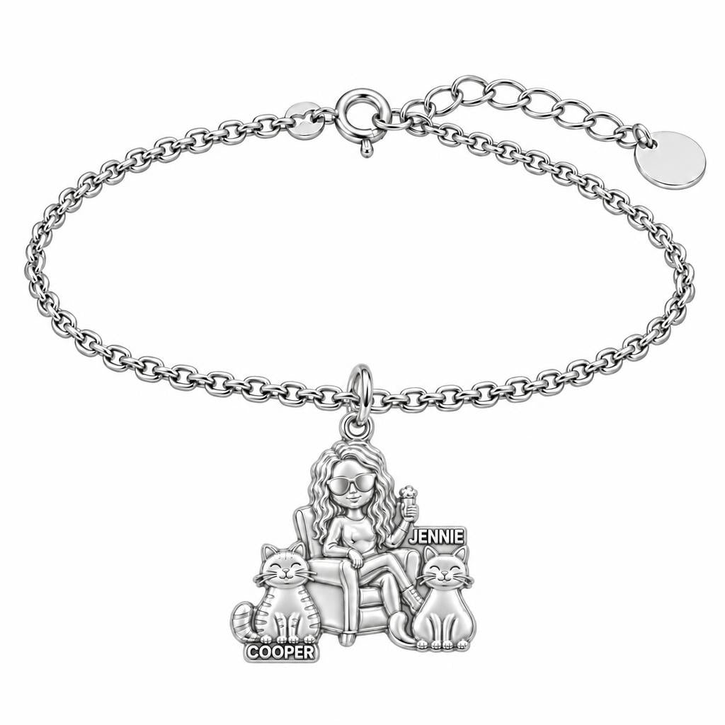 Cozy Cat Mama Lounge Charm Bracelet Set – silver, front view