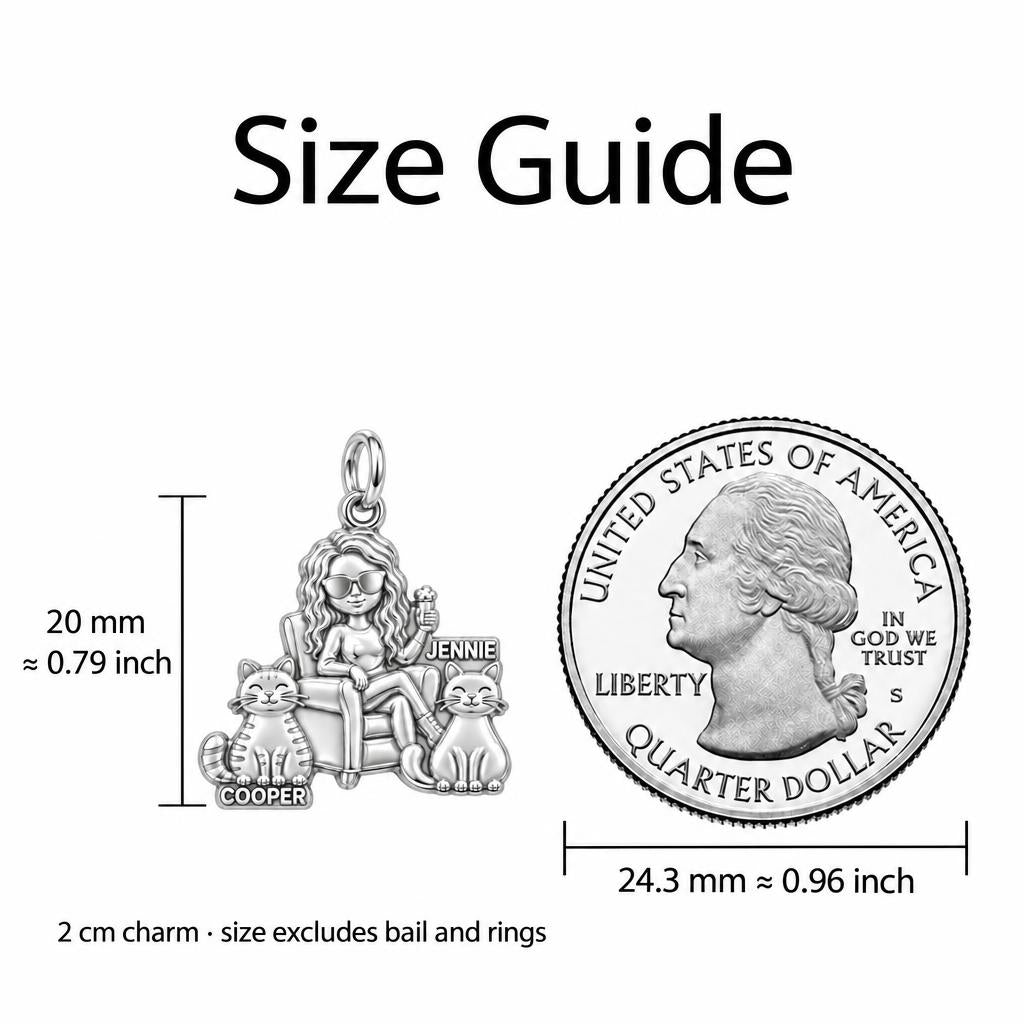 Cozy Cat Mama Lounge Charm Bracelet Set – size guide, 13 mm charm next to a quarter
