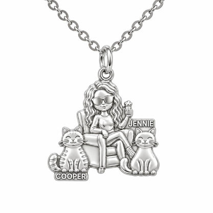 Cozy Cat Mama Lounge Charm Necklace Set – silver, front view