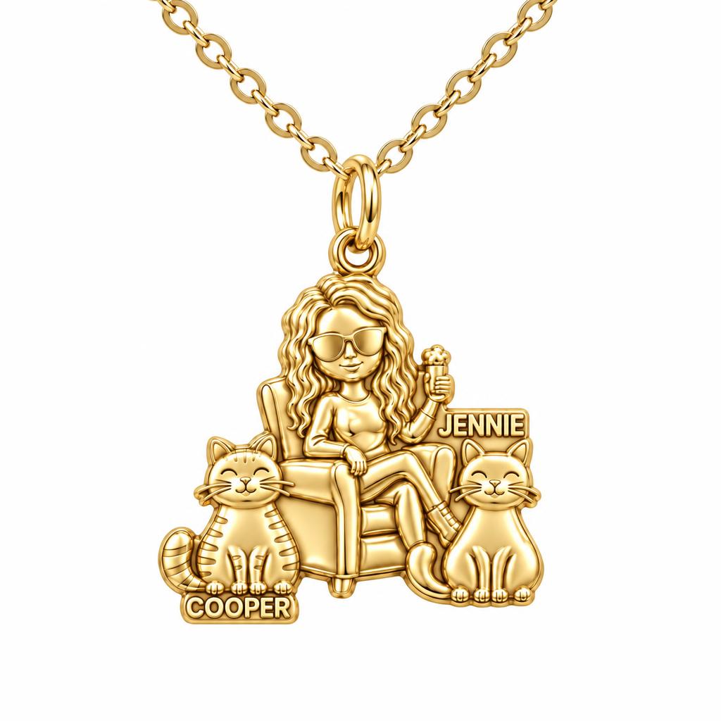 Cozy Cat Mama Lounge Charm Necklace Set – 18K gold, front view