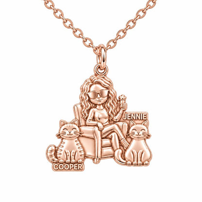 Cozy Cat Mama Lounge Charm Necklace Set – rose gold, front view