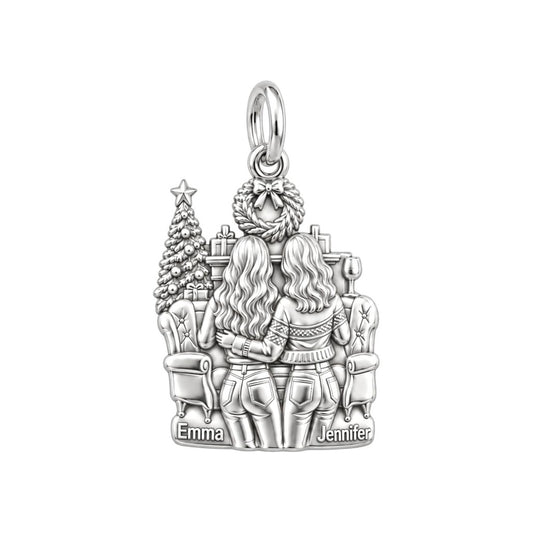 Cozy Christmas Besties Charm Bracelet – Personalized Friend Gift – silver plated 3 cm charm, front view