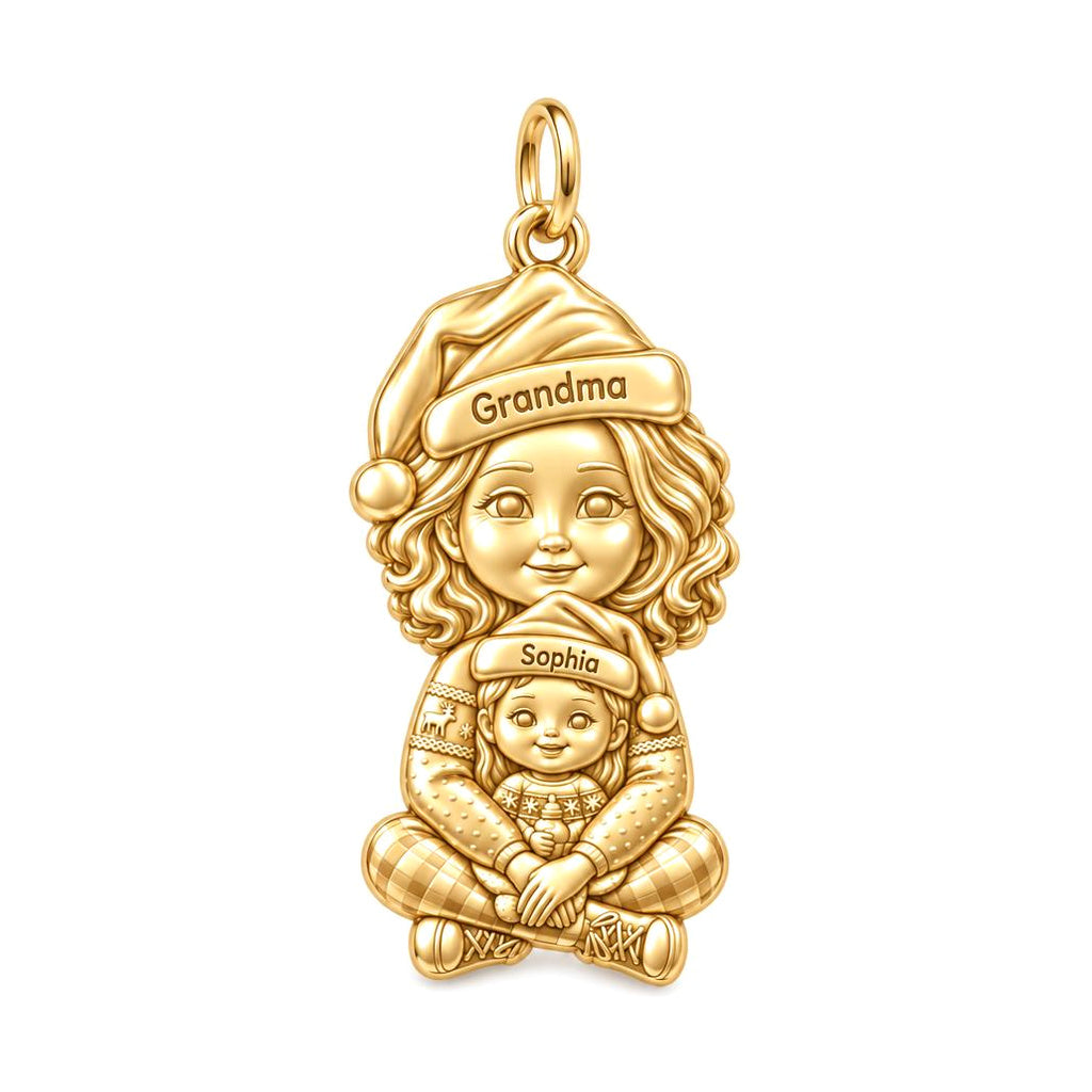 Cozy Christmas Hug Charm Bracelet – Personalized Nana Gift – 18K gold plated 3 cm charm, front view
