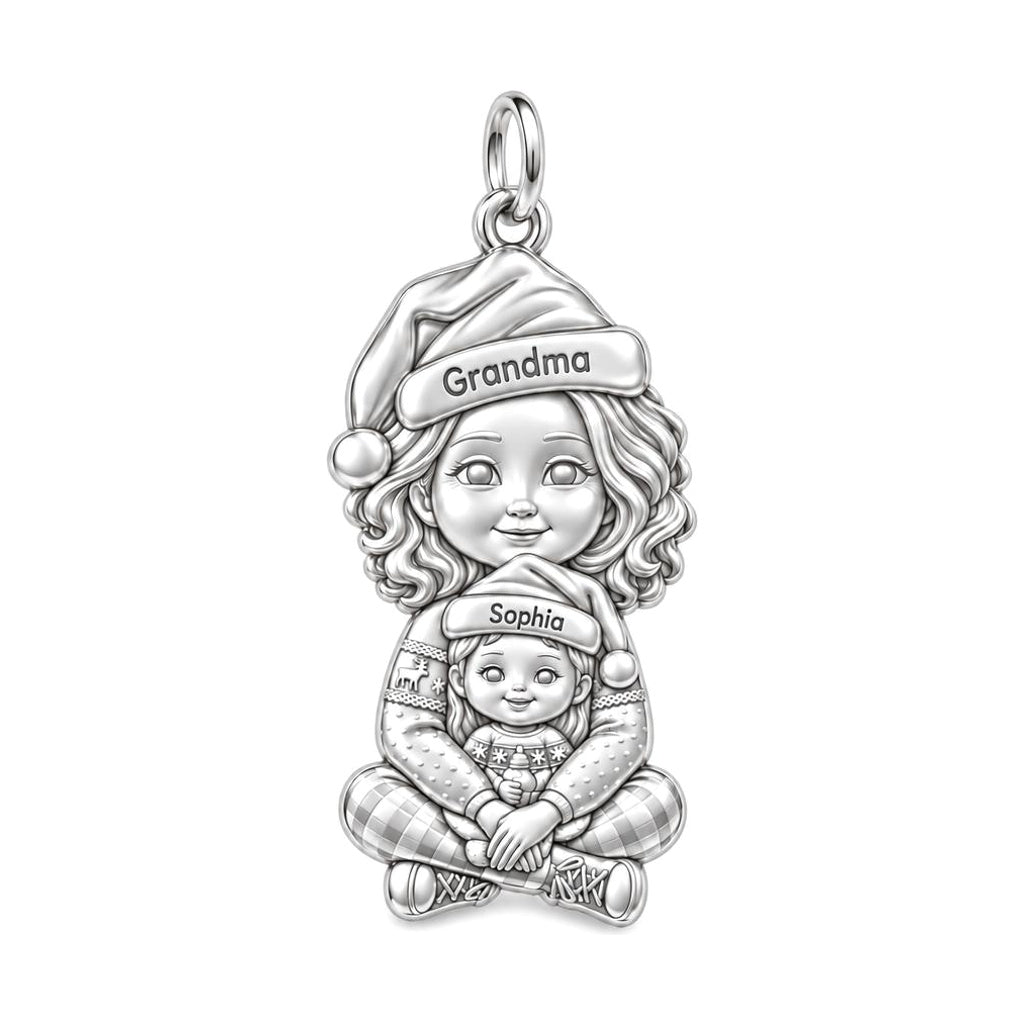 Cozy Christmas Hug Charm Bracelet – Personalized Nana Gift – silver plated 3 cm charm, front view