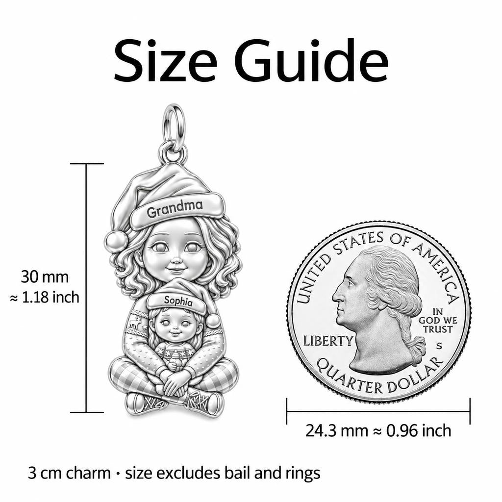 Cozy Christmas Hug Charm Bracelet – Personalized Nana Gift – size guide, 3 cm charm next to a quarter