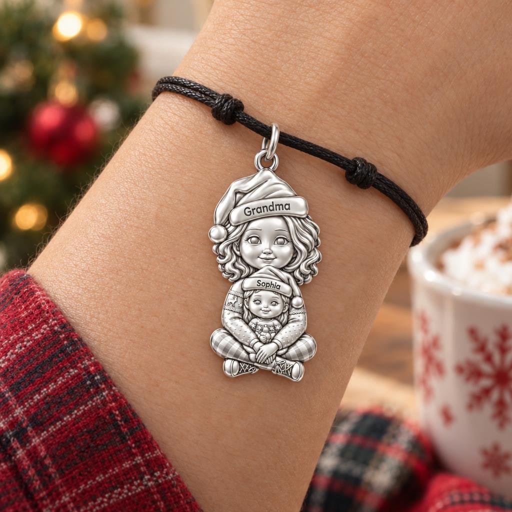 Cozy Christmas Hug Charm Bracelet – Personalized Nana Gift – worn on the wrist on a black cord bracelet
