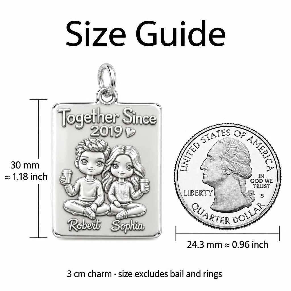 Cozy Coffee Date Charm Bracelet – Personalized Couple Gift – size guide, 3 cm charm next to a quarter