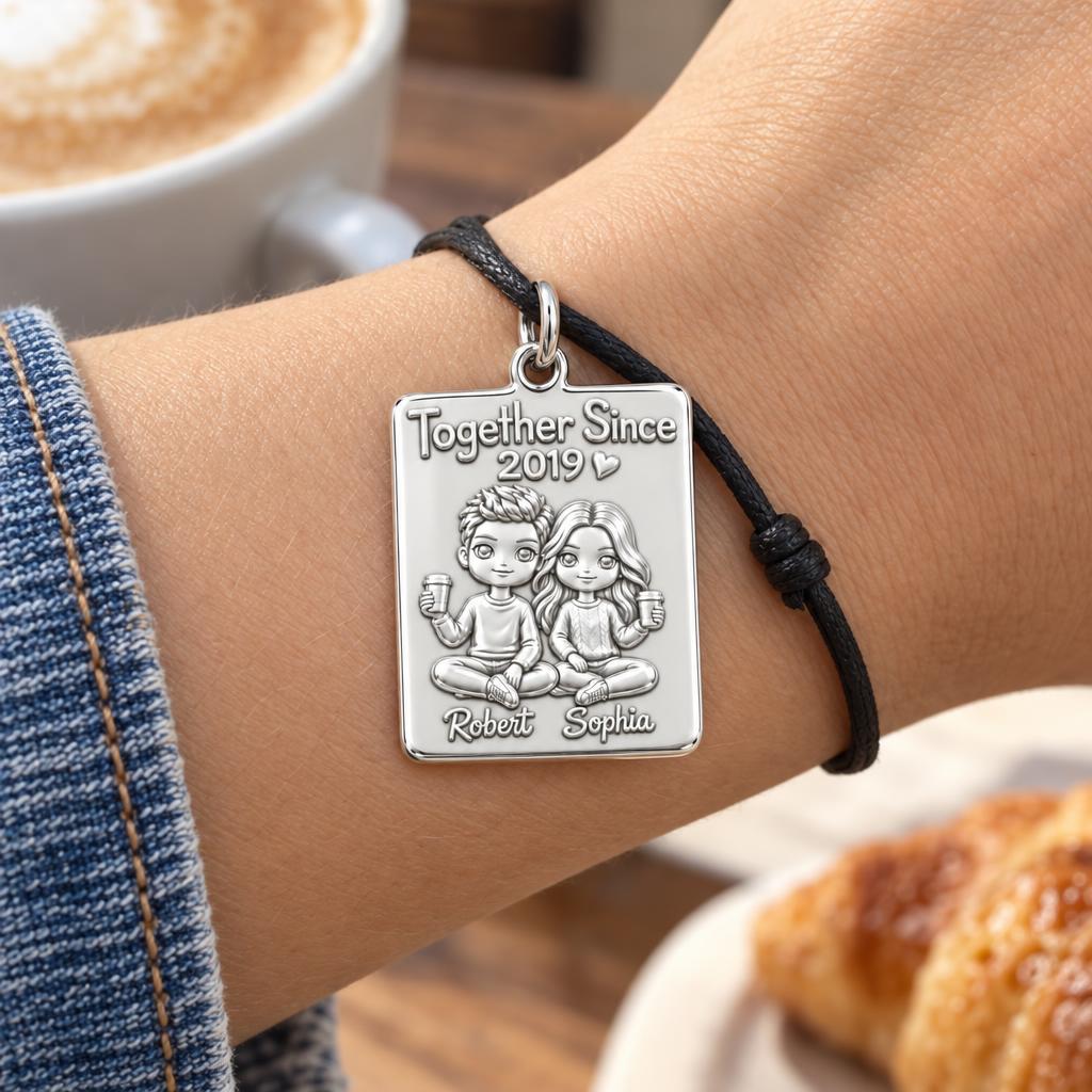Cozy Coffee Date Charm Bracelet – Personalized Couple Gift – worn on the wrist on a black cord bracelet