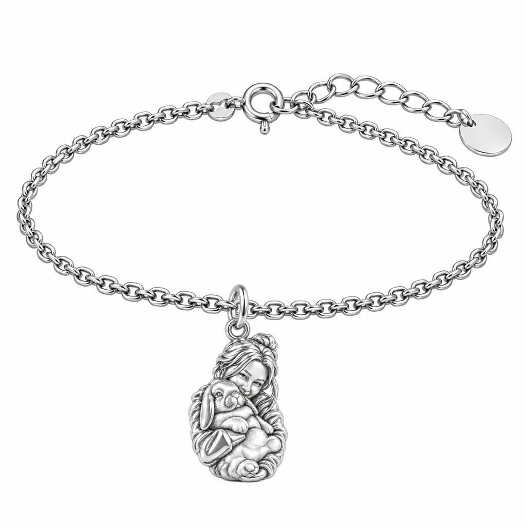 Cozy Cuddle Fluffy Rabbit Charm Bracelet Set – silver, front view