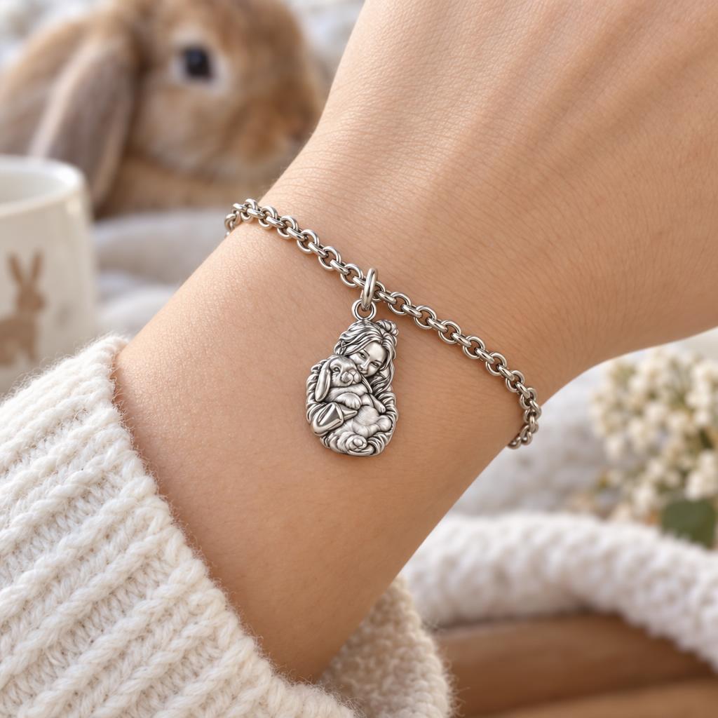 Cozy Cuddle Fluffy Rabbit Charm Bracelet Set – worn / in use