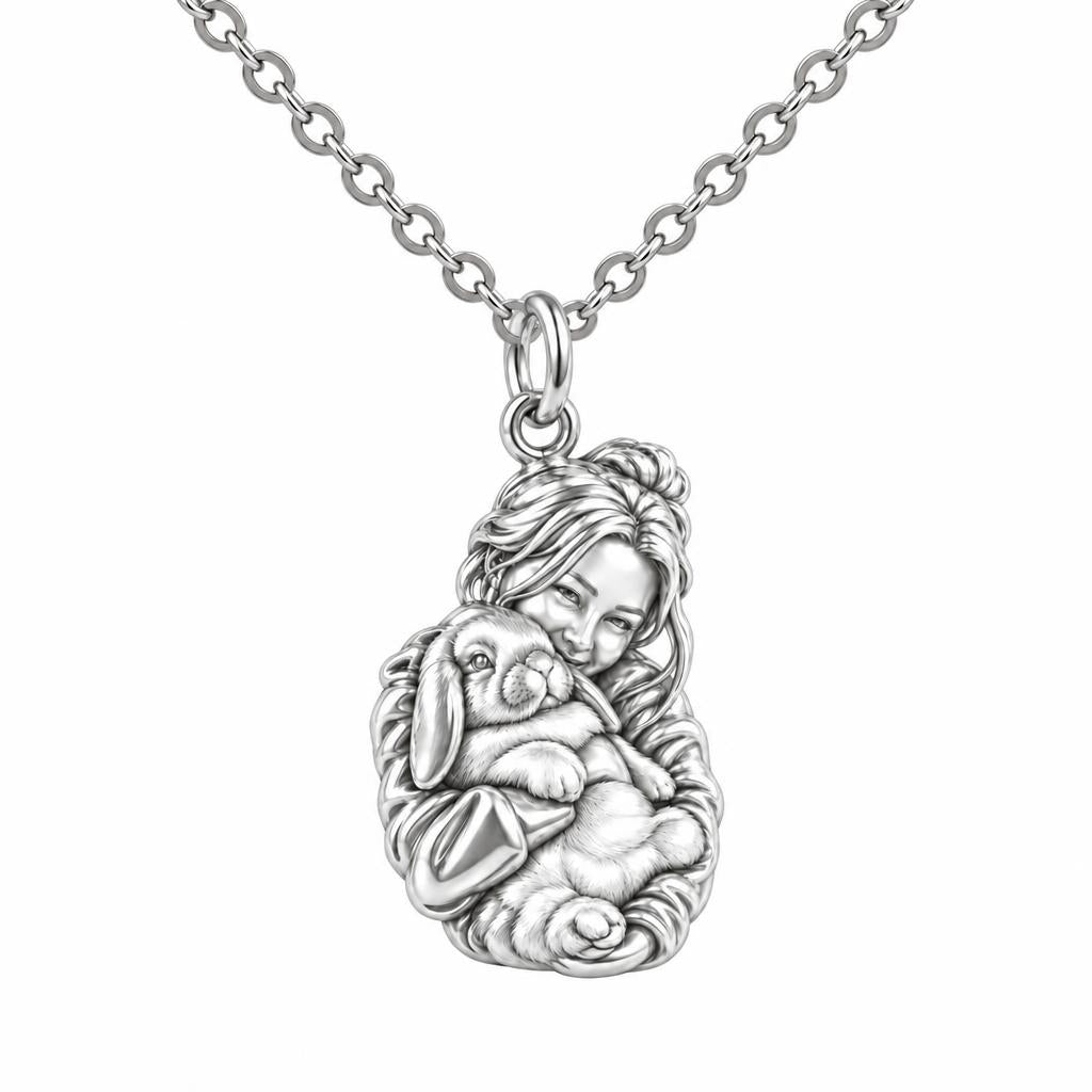 Cozy Cuddle Fluffy Rabbit Charm Necklace Set – silver, front view