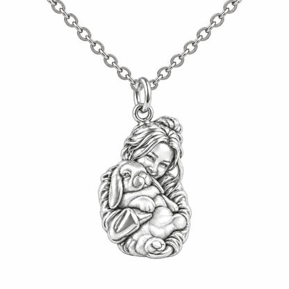 Cozy Cuddle Fluffy Rabbit Charm Necklace Set – silver, front view