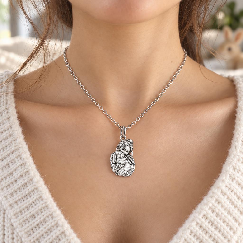 Cozy Cuddle Fluffy Rabbit Charm Necklace Set – worn / in use