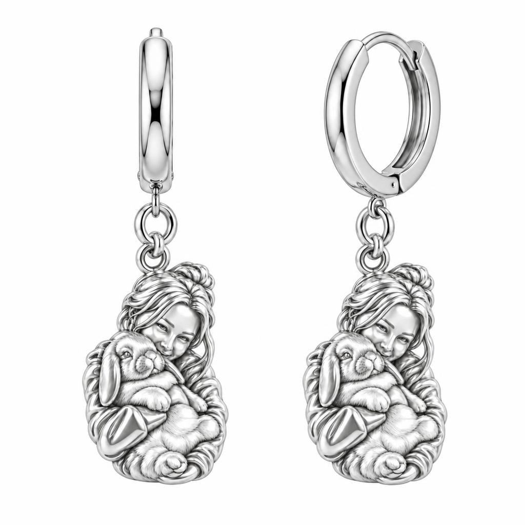 Cozy Cuddle Fluffy Rabbit Huggie Charm Earrings – silver, front view