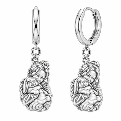 Cozy Cuddle Fluffy Rabbit Huggie Charm Earrings – silver, front view
