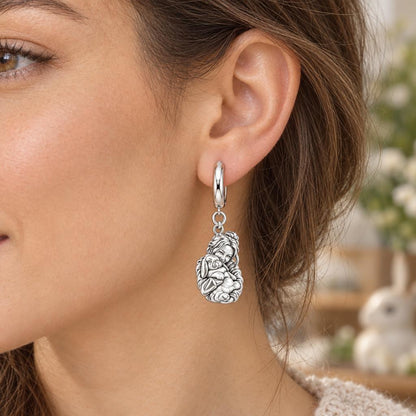 Cozy Cuddle Fluffy Rabbit Huggie Charm Earrings – worn / in use