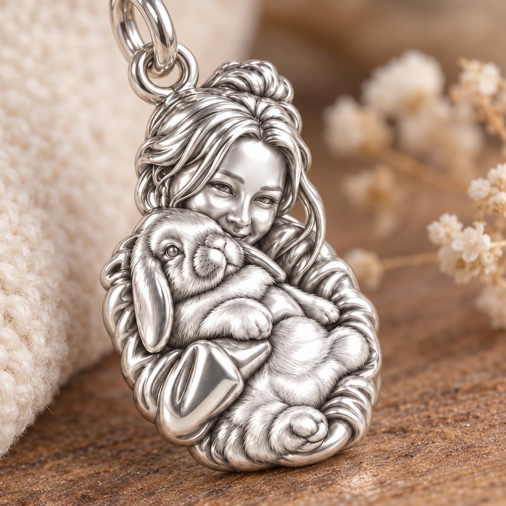 Cozy Cuddle Rabbit Charm Bracelet – Personalized Bunny Mom Gift – macro detail of the charm