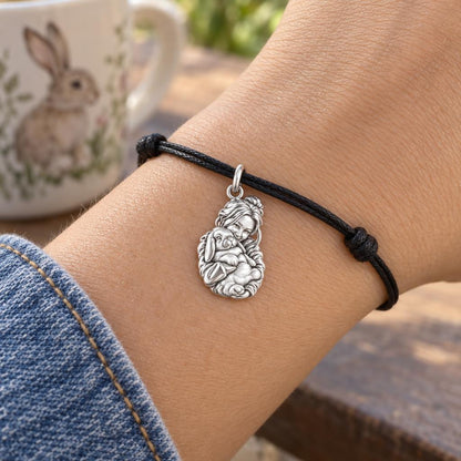 Cozy Cuddle Rabbit Charm Bracelet – Personalized Bunny Mom Gift – worn on the wrist on a black cord bracelet
