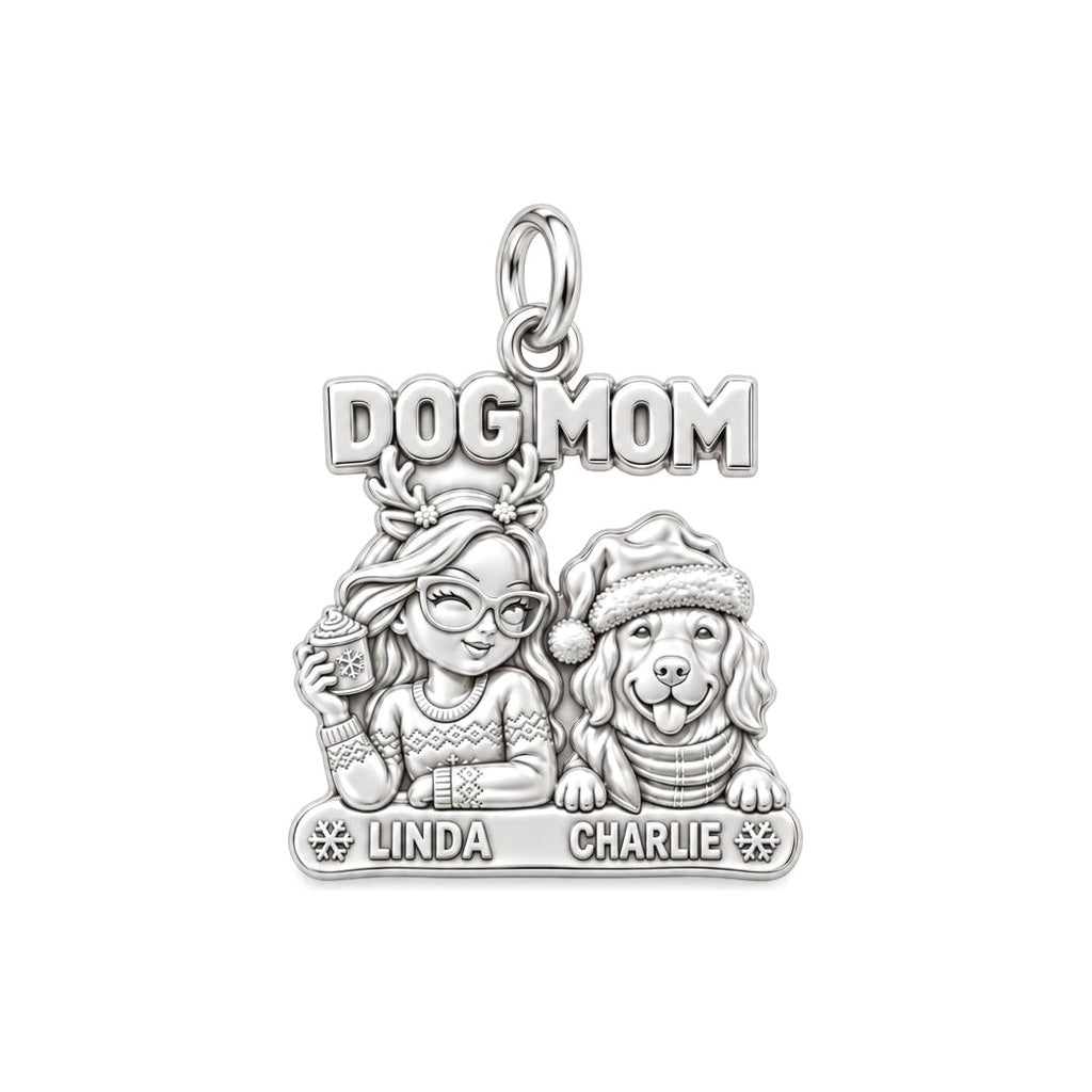 Cozy Dog Mom Christmas Charm Bracelet – Personalized Dog Mom Gift – silver charm, front view