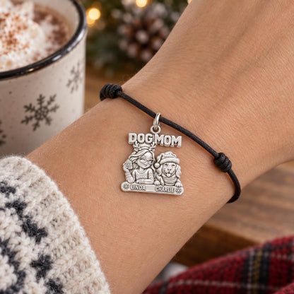Cozy Dog Mom Christmas Charm Bracelet – Personalized Dog Mom Gift – worn on the wrist on a black cord bracelet