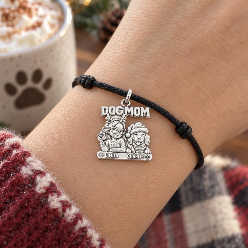 Cozy Dog Mom Christmas Charm Bracelet – Personalized Dog Mom Gift – worn on the wrist on a black cord bracelet