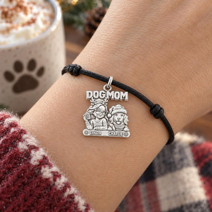 Cozy Dog Mom Christmas Charm Bracelet – Personalized Dog Mom Gift – worn on the wrist on a black cord bracelet