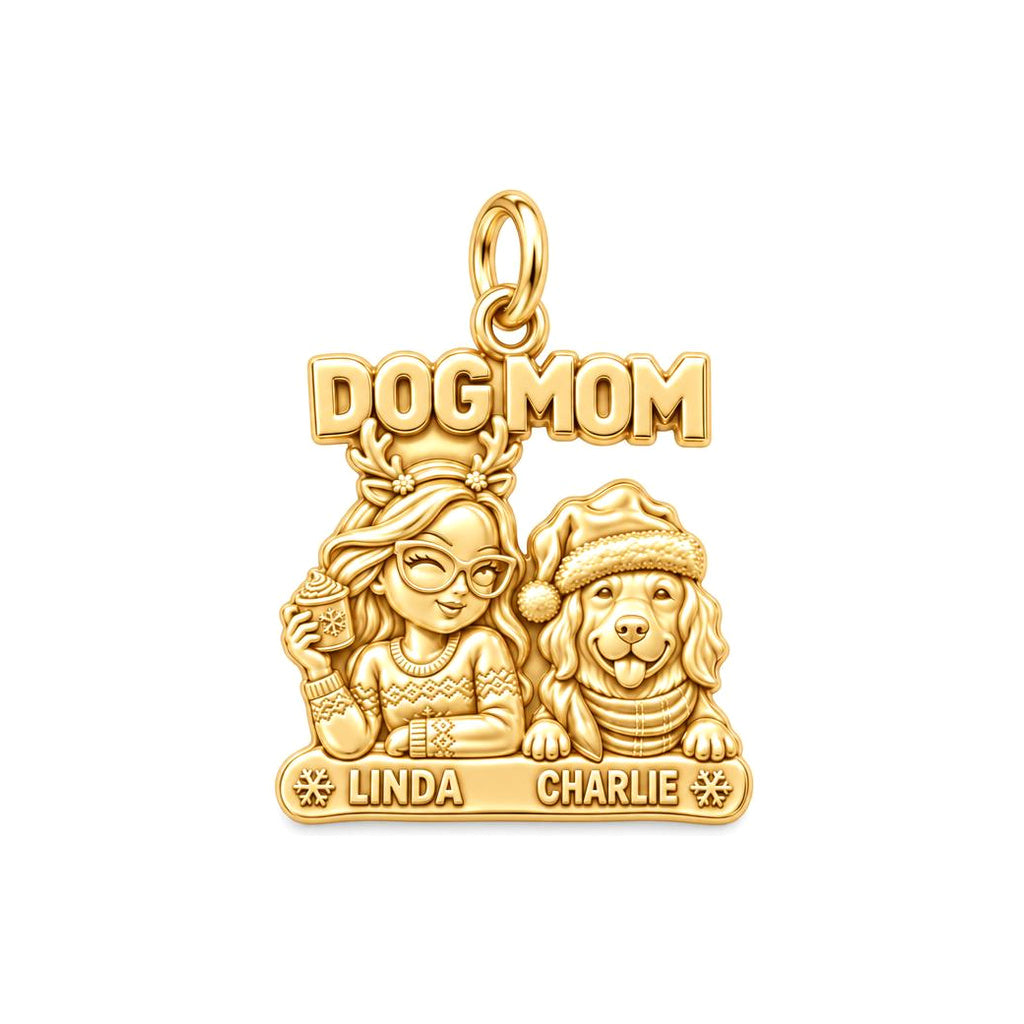 Cozy Dog Mom Christmas Charm Bracelet – Personalized Dog Mom Gift – 18K gold charm, front view