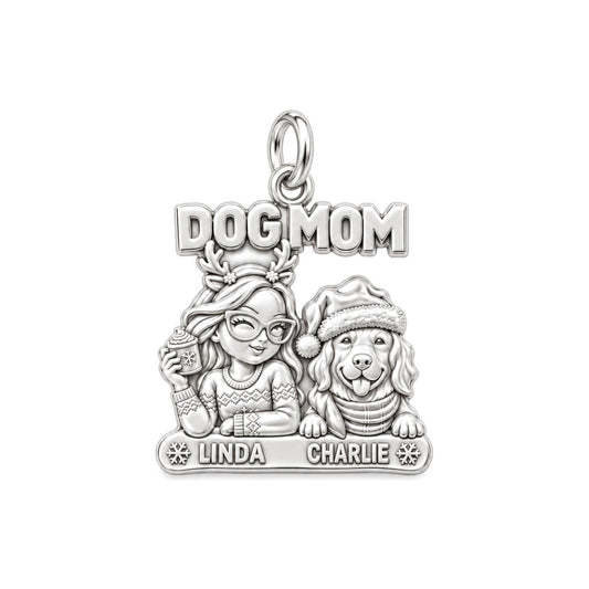 Cozy Dog Mom Christmas Charm Bracelet – Personalized Dog Mom Gift – silver plated 2 cm charm, front view