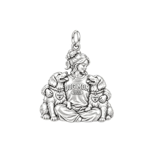 Cozy Dog Mom Hug Charm Bracelet – Personalized Dog Mom Gift – silver plated 3 cm charm, front view
