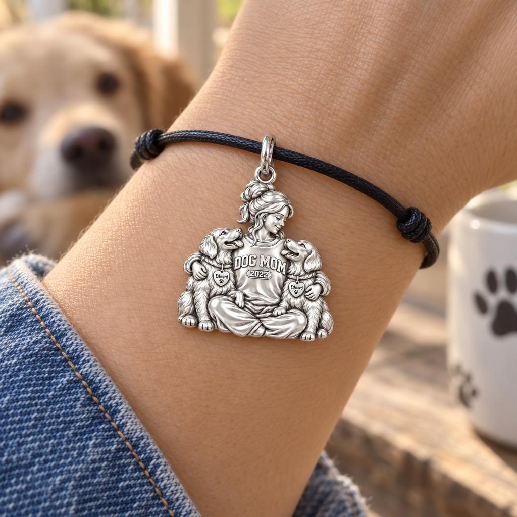 Cozy Dog Mom Hug Charm Bracelet – Personalized Dog Mom Gift – worn on the wrist on a black cord bracelet