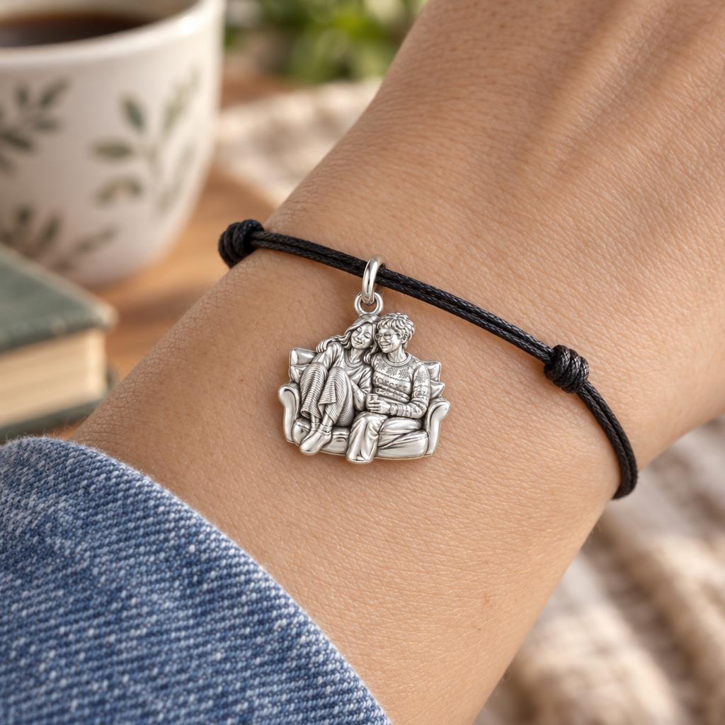 Cozy Home Together Charm Bracelet – Personalized Mom Gift – worn on the wrist on a black cord bracelet