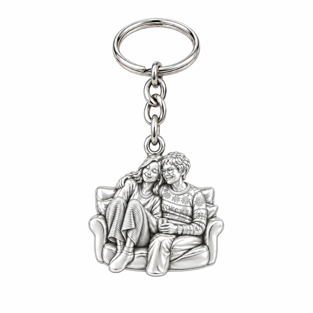 Cozy Home Together Charm Keychain – silver, front view