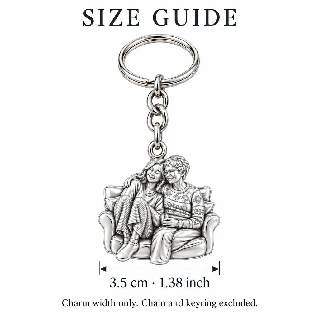 Cozy Home Together Charm Keychain – size guide, 3.5 cm (1.38 in) charm, chain and keyring excluded