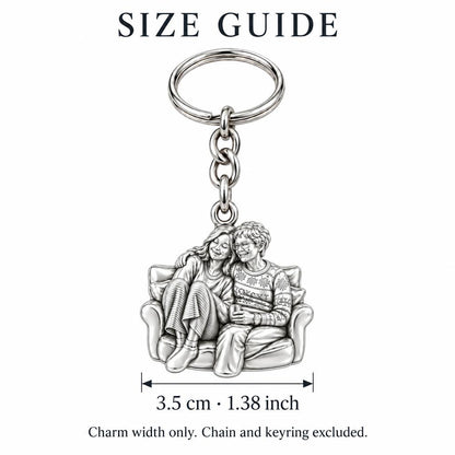 Cozy Home Together Charm Keychain – size guide, 3.5 cm (1.38 in) charm, chain and keyring excluded