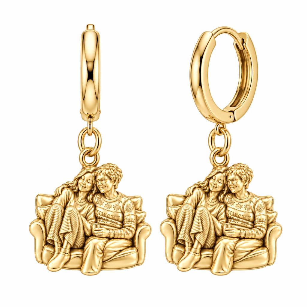 Cozy Home Together Huggie Charm Earrings – 18K gold, front view