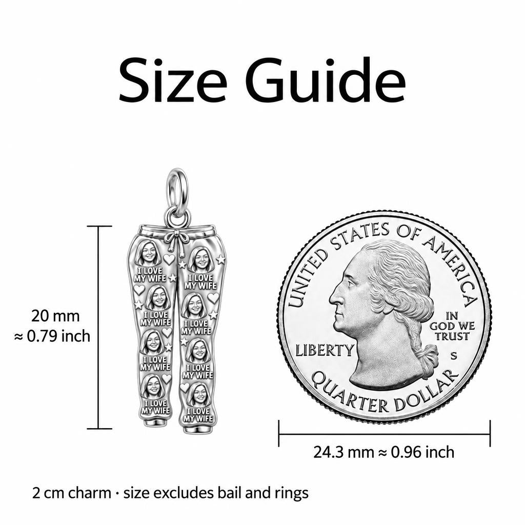 Cozy Love Sweatpants Charm Bracelet – Personalized Husband Gift – size guide, 2 cm charm next to a quarter